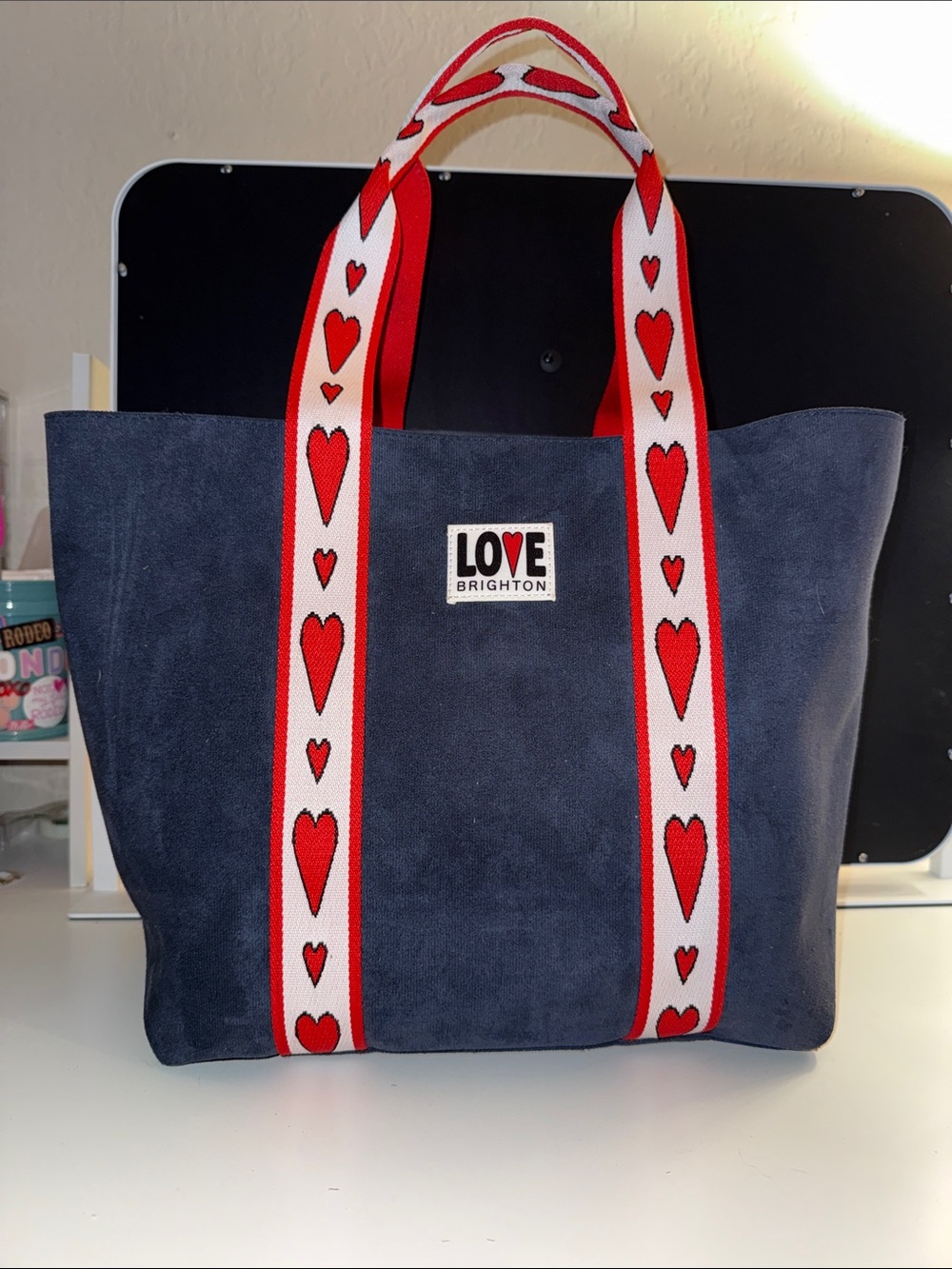 Brighton Navy Tote with Red and White Heart-Striped Handles